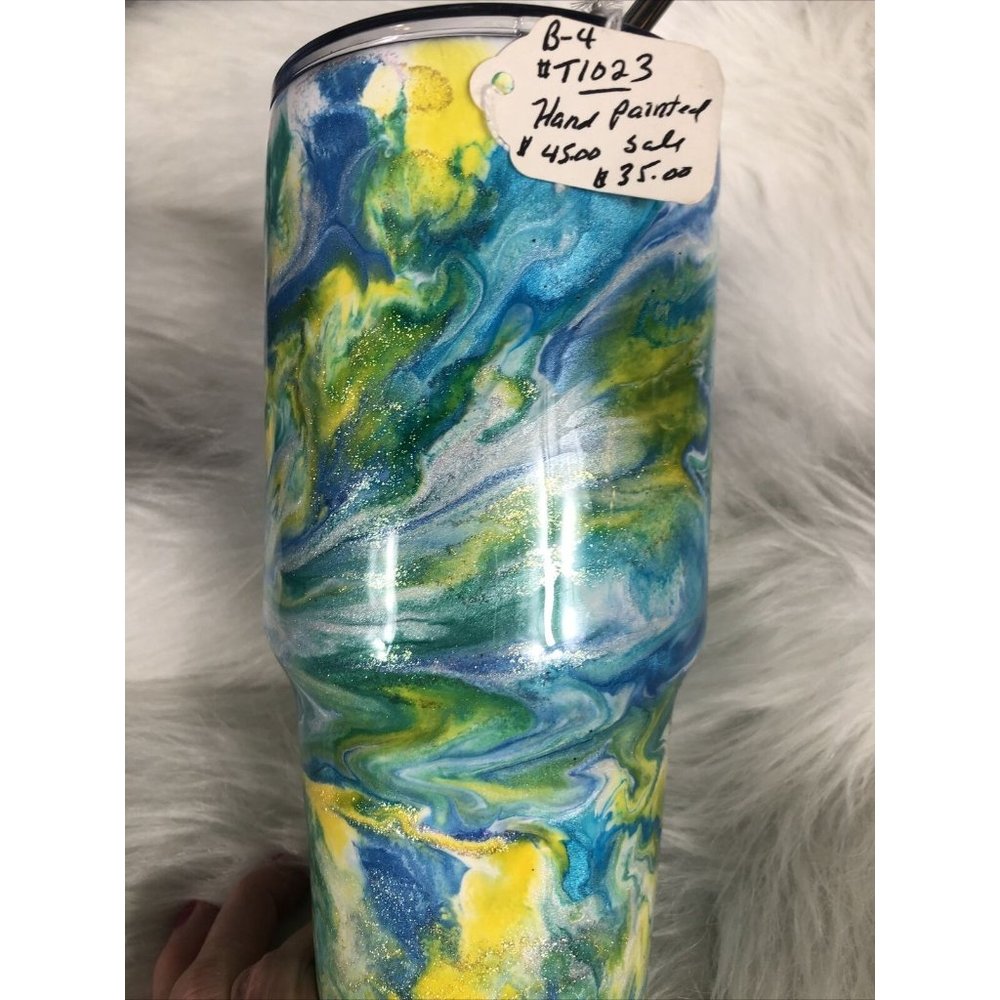 32 Ounce Tumbler Hand Painted Teal’s Blues Yellows Pearls & Glitter Lid Custom - Picture 9 of 16